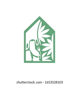 Vector minimalist negative space ecology logo. Green house, one half  consist of plastic trash and the other half consist of flowers. Description of informed consumption, zero waste, and ecology care