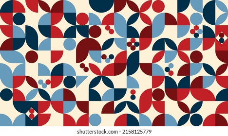 Vector Minimalist Pattern In Mid Century Geometric Design With Circles And Abstract Shapes. Vintage Style Background, Simple Abstract Wallpaper, Retro 60's And 70's Style