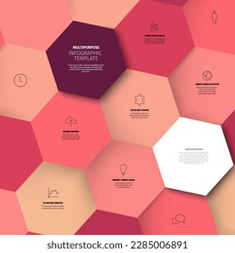 Vector Minimalist pink infographic report template with red shades hexagons mosaic filled with various information, icons and numbers. Simple 3d realistic hexagon mosaic pattern template