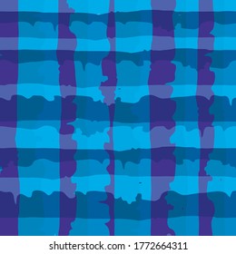 Vector minimalist plaid seamless pattern background. Organic watercolor brush stroke effect blue backdrop. Repeat gingham modern check style. All over crinkle cloth print for packaging, stationery