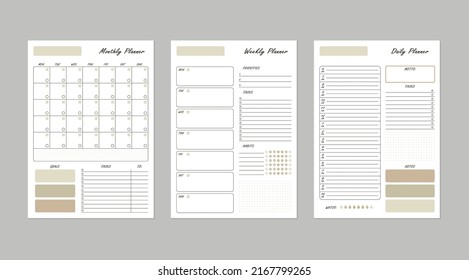 Vector minimalist planner template. Daily, weekly, monthly page set. Printable business or everyday life organizer, calendar, weekly schedule, to do list, habit tracker.  Earth colored, beige design.