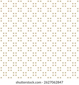 Vetor minimalista polka ponto padrão sem costura. Fundo geométrico mínimo simples branco e ouro. Textura dourada abstrata com pequenos círculos, manchas, pontos na grade regular. Design geográfico repetido de luxo
