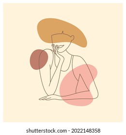 Vector minimalist portrait of smiling beautiful woman. Female silhouette in simple trendy linear style. Femininity aesthetic poster. Color abstract shapes, modern art, beauty. Lady in hat illustration