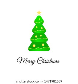 Vector minimalist poster with abstract green christmas tree with gold decor and text Happy New Year isolated on white background. Banner design template.