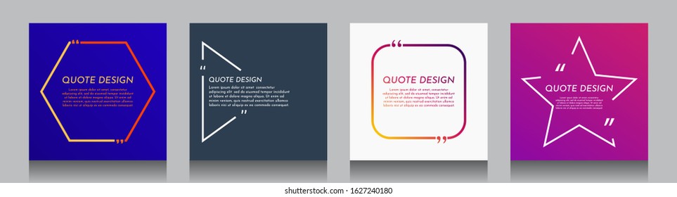 Vector minimalist posters set. Quote frames blank templates set. Isolated textbox. Text in brackets. Citation empty speech bubbles. Color background. Simple color shape. Social media template