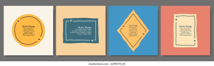 Vector minimalist quote banners set. Quote frames blank template set. Isolated text box. Text in brackets. Citation empty speech bubbles. Color doodle hand drawn backgrounds. Social media template