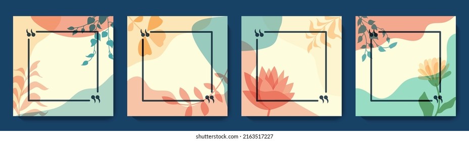 Conjunto de afiches de citas minimalistas vectores. Conjunto de plantillas en blanco de marcos de comillas florales. Citando el marco de texto vacío entre corchetes. El color de los fondos es moderno. Plantilla de diseño de publicaciones en medios sociales