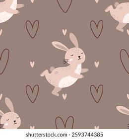 Vector of Minimalist Scandinavian-style seamless bunny pattern in neutral beige and brown hues, with charming floral and heart details, ideal for children s decor, wallpaper, cozy fabric prints