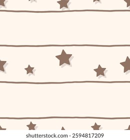 Vector of Minimalist Scandinavian-style seamless star pattern in neutral beige, brown, and white hues, ideal for children s decor, wallpaper, and cozy fabric prints
