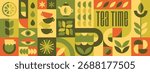 Vector minimalist seamless background, abstract geometric pattern with tea leaves, drink cups, plant, lemon and bauhaus elements. Design template for cafe cover or package in green and orange colors