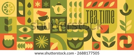 Vector minimalist seamless background, abstract geometric pattern with tea leaves, drink cups, plant, lemon and bauhaus elements. Design template for cafe cover or package in green and orange colors