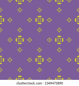 Vector minimalist seamless pattern. Abstract geometric floral background in purple and lime green color. Minimal ornament texture with simple small flowers. Repeat design for decor, fabric, textile