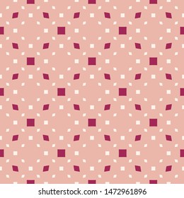 Vector minimalist seamless pattern. Abstract geometric texture with small squares, rhombuses, diamonds, dots, grid. Simple minimal background in pink, burgundy and white color. Elegant repeat design 