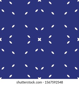 Vector minimalist seamless pattern. Abstract geometric texture with small shapes, seeds, dots. Simple minimal indigo blue background. Subtle repeat design for decoration, fabric, wallpaper, textile