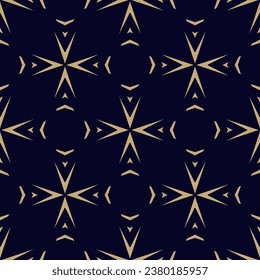 Vector minimalist seamless pattern. Abstract geometric floral ornament with simple flower silhouettes, lines, arrows, regular grid. Stylish gold and black texture. Elegant background. Repeated design
