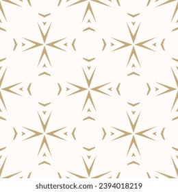 Vector minimalist seamless pattern. Abstract geometric floral ornament with simple flower silhouettes, lines, arrows, regular grid. Stylish gold and white texture. Golden background. Repeated design