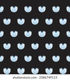 Vector minimalist seamless pattern light blue tulip flowers on a dark charcoal gray background. Illustration.