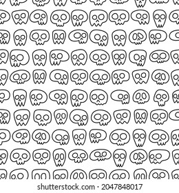 vector minimalist seamless pattern of linear funny hand drawn human skulls in doodle style isolated on white background. useful for Halloween, backgrounds, prints, postcards, decoration elements