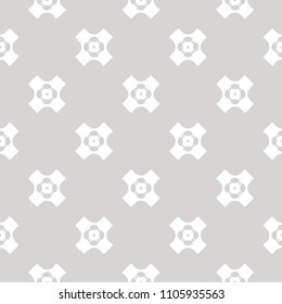Vector minimalist seamless pattern with simple geometric shapes, crosses, floral figures. Abstract texture in neutral colors, gray and white. Modern minimal ornament background. Elegant repeat design