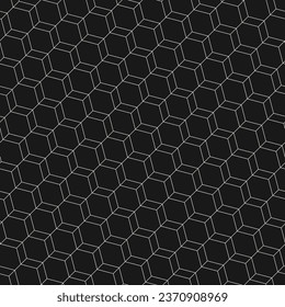 Vector minimalist seamless pattern. Simple abstract black and white background with thin lines, hexagonal grid, diagonal net, lattice. Minimal geometric texture. Monochrome pattern. Dark repeat design