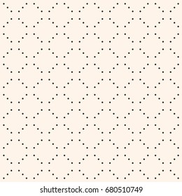 Vector minimalist seamless pattern, simple monochrome geometric texture with tiny circles, dotted lines in diagonal grid. Square design, repeat tiles. Subtle modern abstract minimalistic background