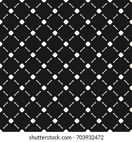 Vector minimalist seamless pattern, simple monochrome geometric texture with small circles and lines in diagonal grid. Abstract minimal background, repeat tiles. Dark design for decor, covers, digital