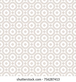 Vector minimalist seamless pattern with simple geometric shapes, hollow circles, dots. Subtle abstract beige and white background. Delicate repeat texture. Design for decoration, fabric, cloth, web 