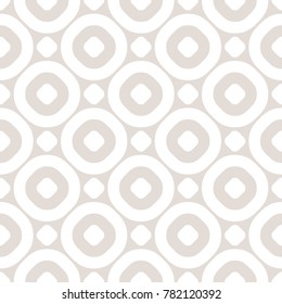 Vector minimalist seamless pattern with simple geometric shapes, round grid, hollow circles. Subtle abstract beige and white background. Delicate repeat texture. Design for decor, fabric, wallpapers