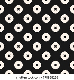 Vector minimalist seamless pattern with simple geometric shapes, hollow circles. Funky style abstract black and white background. Dark monochrome repeat texture. Design for decor, wrapping, covers