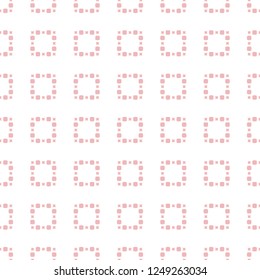 Vector minimalist seamless pattern with small squares and dots. Pink and white background. Simple abstract geometric texture. Delicate minimal ornament. Repeat design for decor, wallpapers, linens