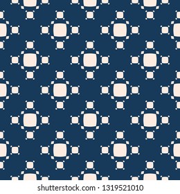 Vector minimalist seamless pattern with small rounded squares, dots. Abstract geometric texture in dark blue and beige color. Elegant minimal ornament background. Repeated design for decor, textile