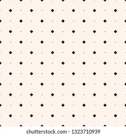 Vector minimalist seamless pattern with small diamond shapes, tiny stars, rhombuses, dots. Abstract monochrome geometric texture. Simple black and white minimal background. Subtle repeatable design