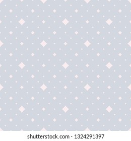 Vector minimalist seamless pattern with small diamond shapes, tiny stars, rhombuses, dots. Subtle abstract geometric texture. Simple background in pastel colors, light pink and gray. Minimal design