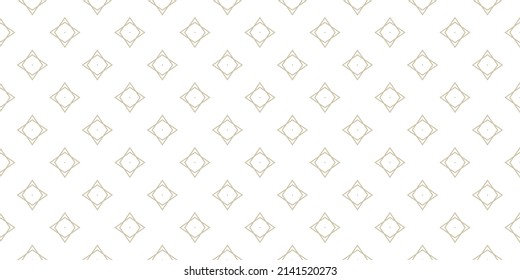 Vector minimalist seamless pattern with small linear diamond shapes, rhombuses, flower silhouettes. Abstract golden geometric texture. Simple gold and white minimal background. Luxury modern design