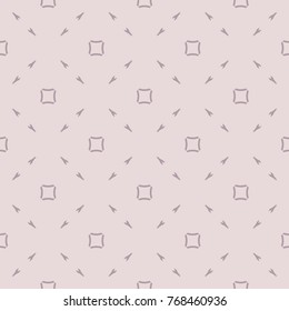 Vector minimalist seamless pattern with small shapes, arrows, squares, delicate grid. Abstract geometric background in soft pastel colors, pallid purple and rose. Subtle elegant texture. Repeat design