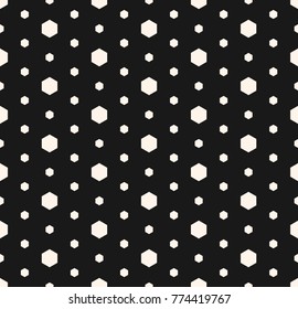 Vector minimalist seamless pattern with small hexagons. Monochrome geometric texture, abstract repeat black and white background with different hex shapes. Dark design for decoration, textile, prints