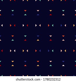 Vector minimalist seamless pattern. Subtle geometric background with small colorful triangles on black backdrop. Simple abstract minimal geo texture. Funky style. Modern design for web, print, decor