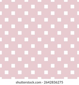 Padrão contínuo minimalista de vetor. Fundo geométrico mínimo rosa e branco sutil. Textura abstrata simples com quadrados arredondados, pontos polka na grade regular. Design repetido para têxtil, papel de parede