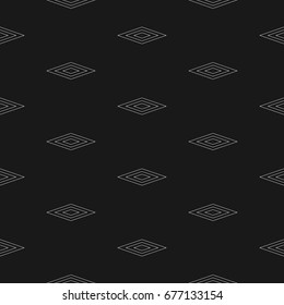 Vector minimalist seamless pattern, subtle monochrome geometric texture with outline rhombuses, thin lines, repeat tiles. Stylish black abstract background. Design for prints, decor, digital, covers