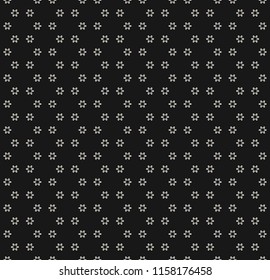 Vector minimalist seamless pattern with tiny geometric flowers, snowflakes, star shapes. Simple abstract black and white background. Dark minimal monochrome texture. Repeat design for decor, wrap