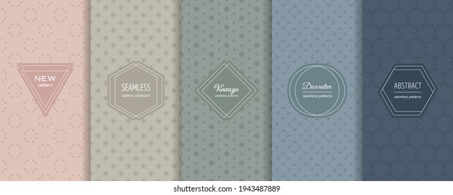 Vector minimalist seamless patterns collection. Set of abstract geometric textures in trendy pastel colors, powdery, green, blue. Elegant modern minimal labels. Design template for decor, banner, ads