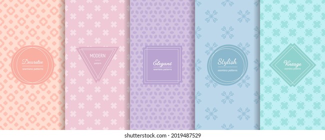 Vector minimalist seamless patterns collection. Set of simple bright colorful backgrounds with elegant minimal labels. Abstract geometric floral textures. Trendy color palette, pink, lilac, blue, mint