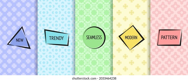 Vector minimalist seamless patterns collection. Set of simple bright colorful backgrounds with modern labels. Abstract geometric floral textures. Trendy neon colors, pink, lilac, blue, yellow, green