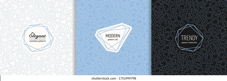 Vector minimalist seamless patterns set with stylish modern labels. Elegant geometric texture with subtle lines, organic shapes. Trendy minimal linear background. Blue, white, black. Repeat design