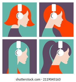 vector minimalist set of icons girls in headphones listen to music, audiobook podcast, lecture in different trendy colors. useful for web design, icons, avatars, banners for music or podcast channels.