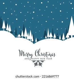 Vector minimalist snowy landscape with falling snowflakes as a Christmas card - snowy hills with triangle trees, dark blue background with snowflakes and place for the text