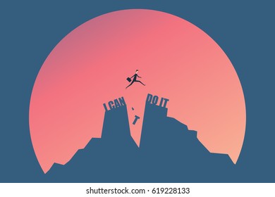 vector minimalist style  businessman jumping on I can do it or I can't do it text over cliff on sunset background,Business concept idea