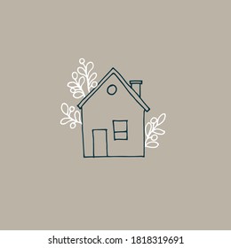 Vector minimalist style illustration of cute house with flowers or plants. modern postcards on a brown background. Stay home concept. Doodle line drawing.