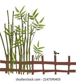 Vector minimalist style illustration of nature scene with bamboo bush against wooden fence with a small bird perching on a fence post 