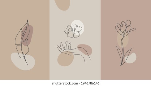 Vector minimalist style plants, hand. Line flower, nude colors. Hand drawn abstract print. Use for social media wallpapers, beauty logos, poster illustration, card, t-shirt print